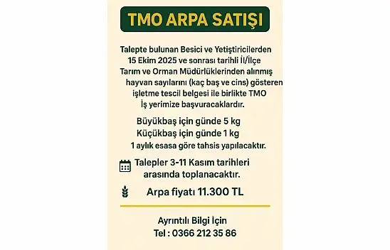TMO'dan Arpa Satışı Duyurusu