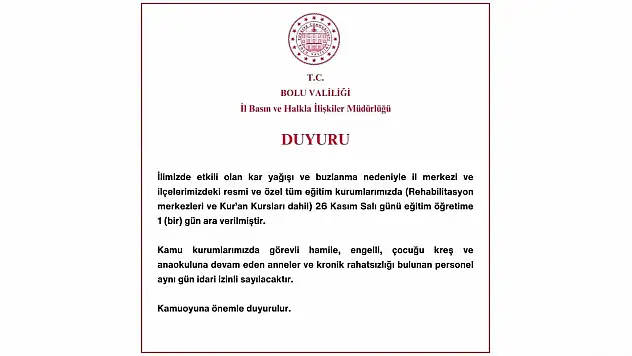 Bolu Valiliği Duyurdu