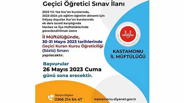 Kastamonu'da Geçici Kur'an Kursu Öğreticisi alınacak