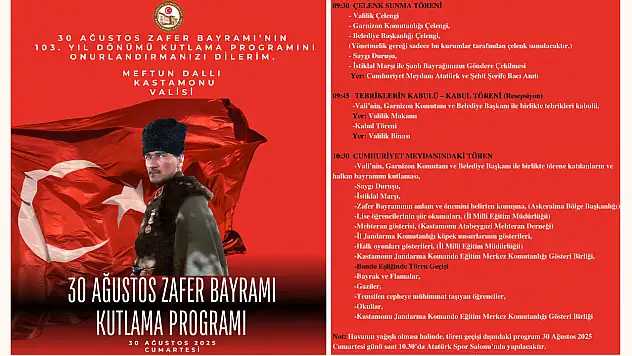 Kastamonu Valiliği, Zafer Bayramı'nın Kutlama Programını Açıkladı