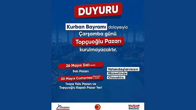Kurban Bayramı Dolayısıyla Pazar Kurulmayacak