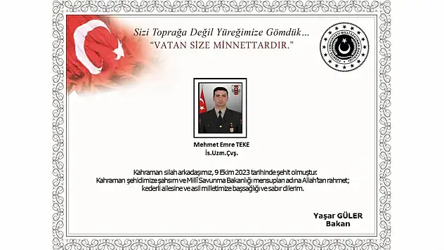 MSB Pençe-Kilit bölgesinde bir askerin şehit olduğunu açıkladı