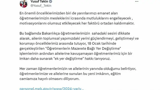Öğretmenlere Ek Yer Değiştirme Hakkı