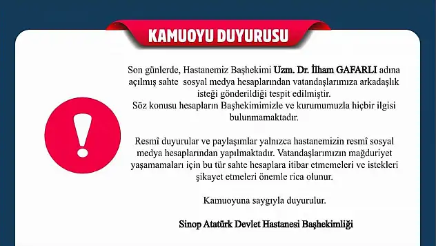 Sinop Atatürk Devlet Hastanesi'nden Sahte Hesap Uyarısı