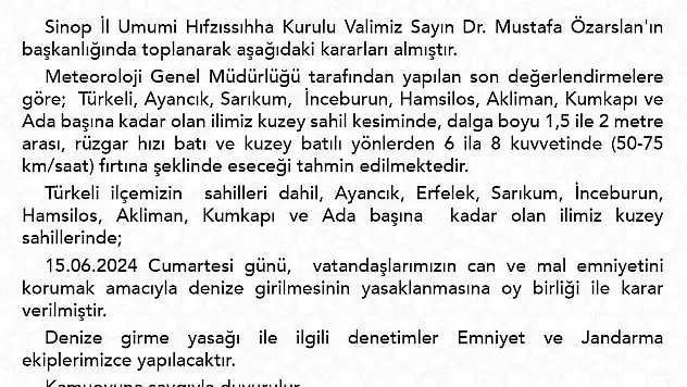 Sinop'ta 1 Dünlük Deniz Yasağı