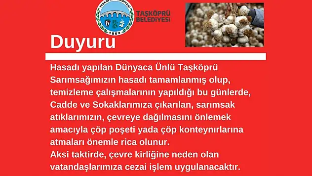 Taşköprü'den sarımsak atığı uyarısı