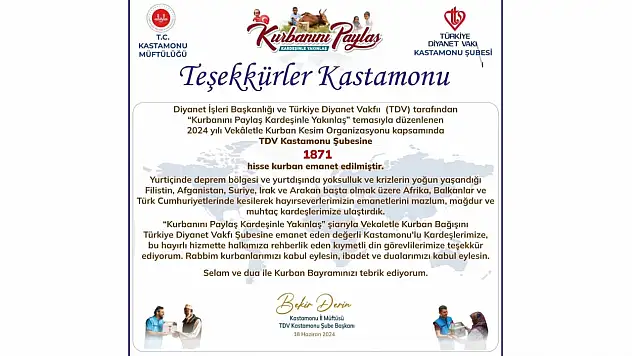 TDV Şubesine Bin 871 Hisse Kurban Emanet Edildi
