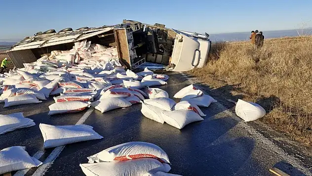 Yem Yüklü Tır Devrildi, Sürücü Yaralandı