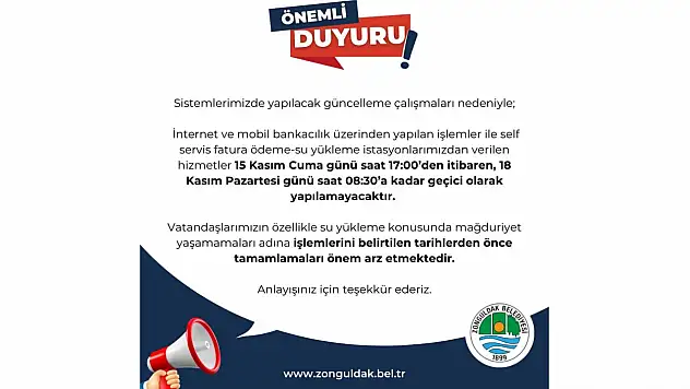 Zonguldak Belediyesi'nden Önemli Duyuru