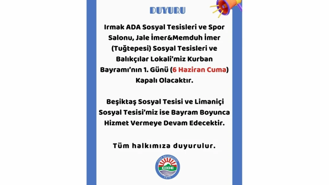 Cide Belediyesi'nden Duyuru