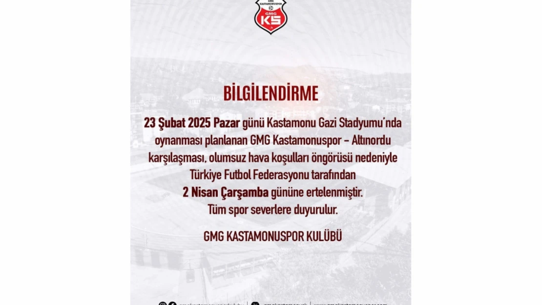 GMG Kastamonuspor - Altınordu Maçı Ertelendi