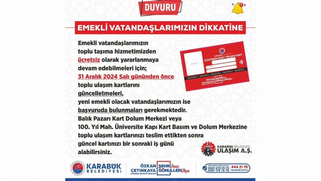 Karabük Belediyesi'nden Önemli Duyuru