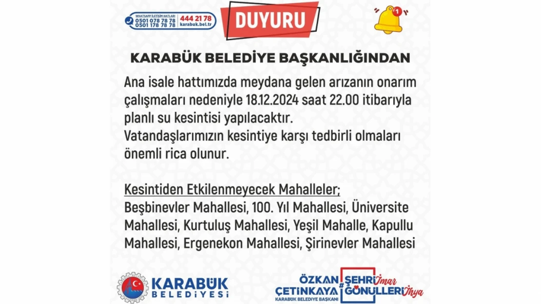 Karabük'te Su Kesintisi Uyarısı