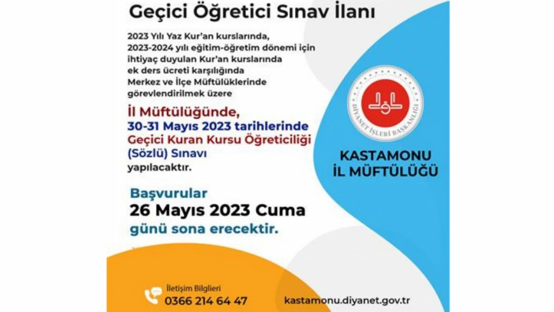 Kastamonu'da Geçici Kur'an Kursu Öğreticisi alınacak