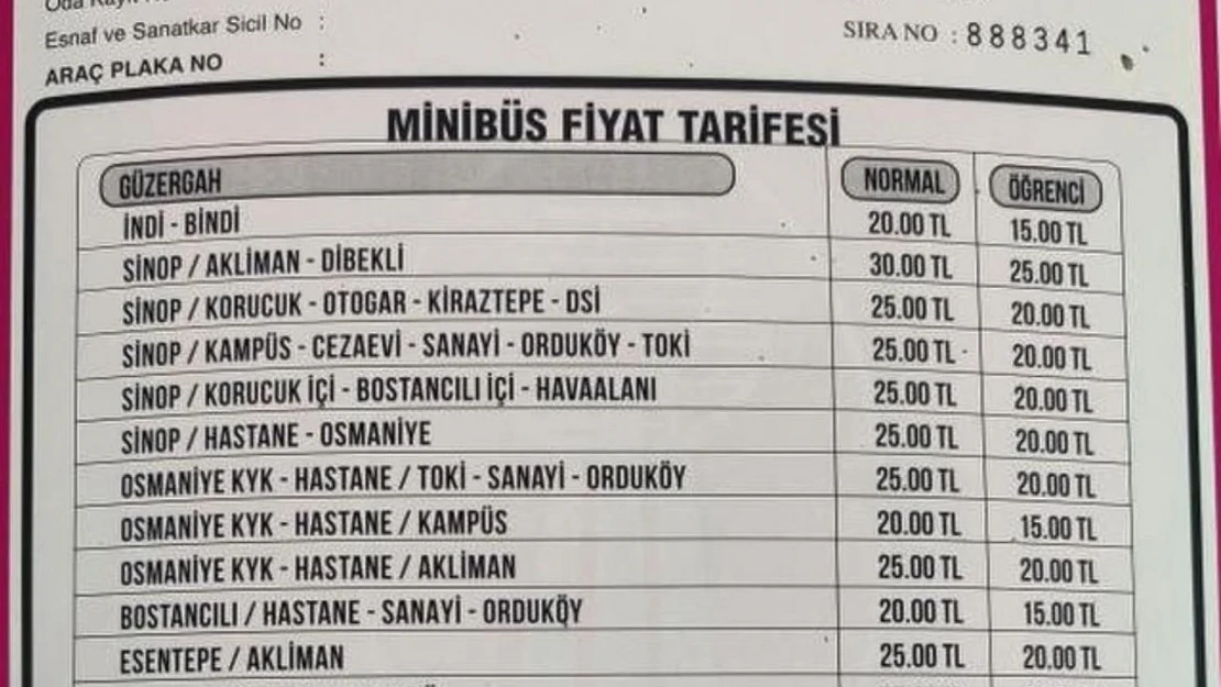 Sinop'ta Toplu Taşımaya Zam