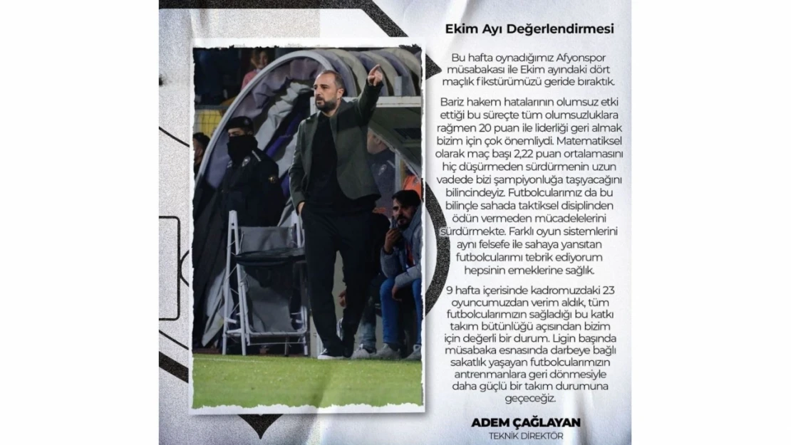 Teknik Direktör Adem Çağlayan'dan Ekim Ayı Değerlendirmesi