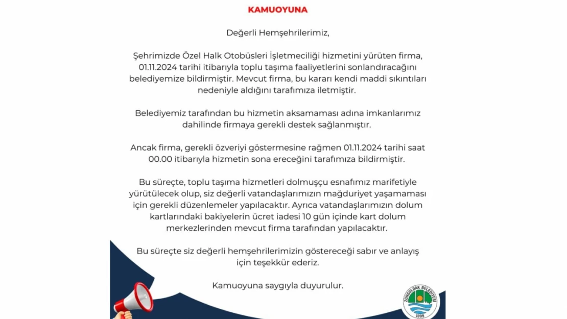 Zonguldak Belediyesi'nden Önemli Duyuru!