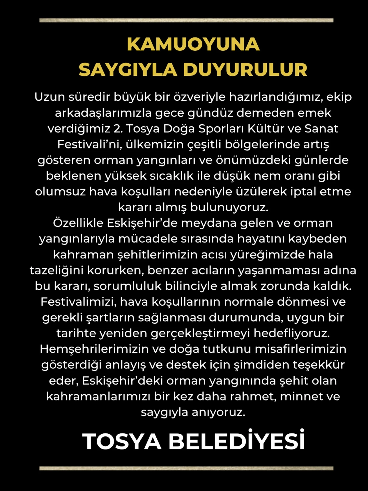 Tosya Doğa Sporları Festivali Orman Yangınları Nedeniyle İptal Edildi