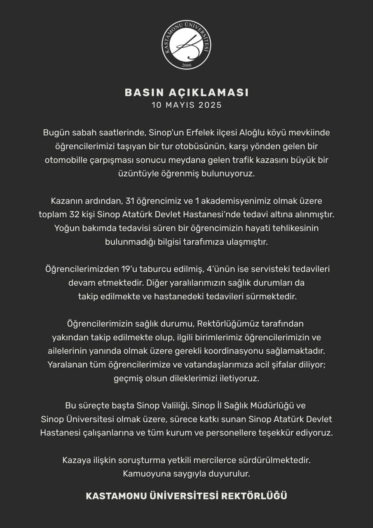 Rektörlükten Kaza Açıklaması