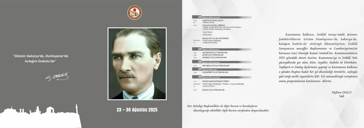 Valilikten Atatürk'ün Kastamonu'ya Gelişinin 100. Yılı İçin Anma Programı