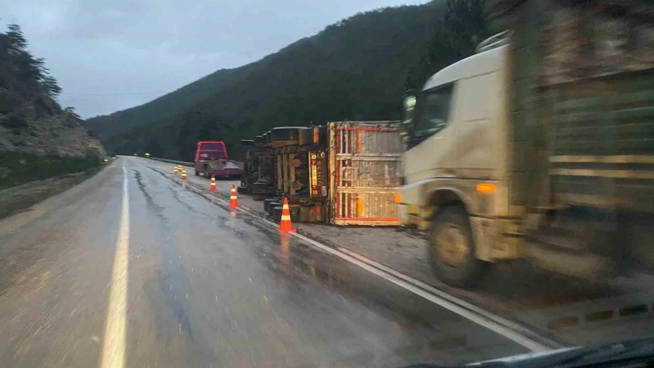 Bolu'da Odun Yüklü Tır Devrildi