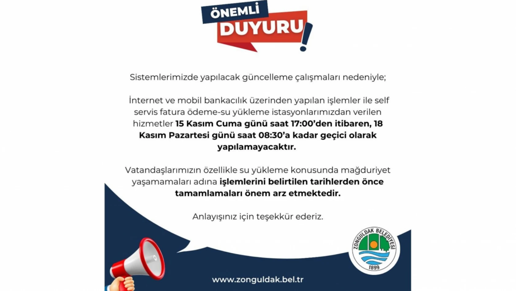 Zonguldak Belediyesi'nden Önemli Duyuru