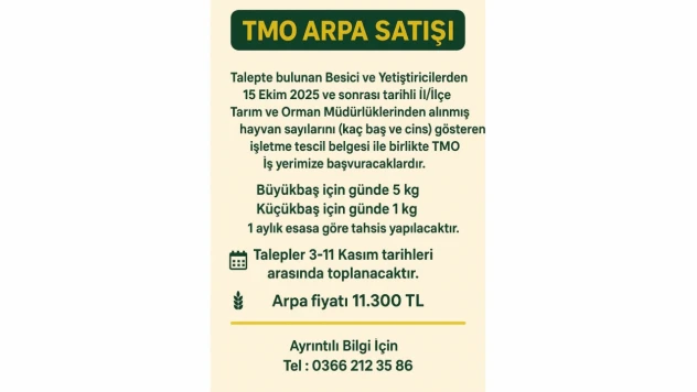 TMO'dan Arpa Satışı Duyurusu