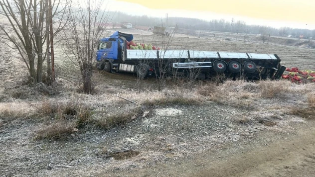 Yoldan çıkan TIR devrildi