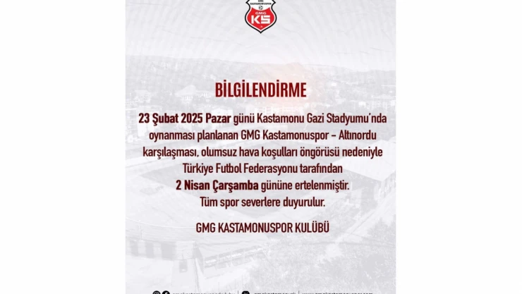 GMG Kastamonuspor - Altınordu Maçı Ertelendi