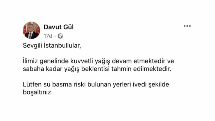İstanbul Valisi Gül'den kuvvetli yağış uyarısı