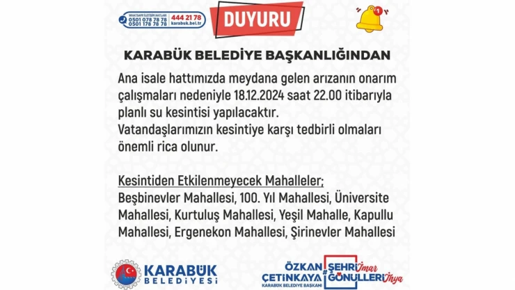 Karabük'te Su Kesintisi Uyarısı