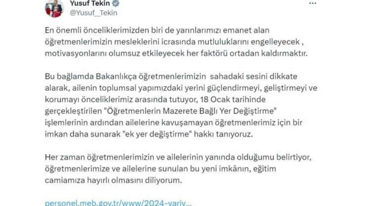 Öğretmenlere Ek Yer Değiştirme Hakkı