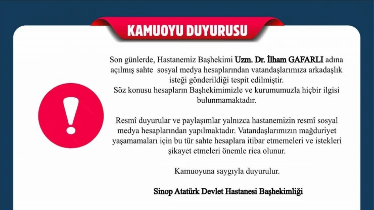 Sinop Atatürk Devlet Hastanesi'nden Sahte Hesap Uyarısı