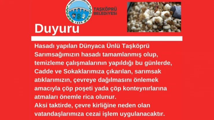 Taşköprü'den sarımsak atığı uyarısı