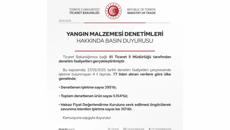 Ticaret Bakanlığı'ndan Yangın Malzemesi Denetimi